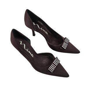 Nina Womens Heels Size 8.5M Pointed Toe Rhinestone Bow Detail Brown Satin